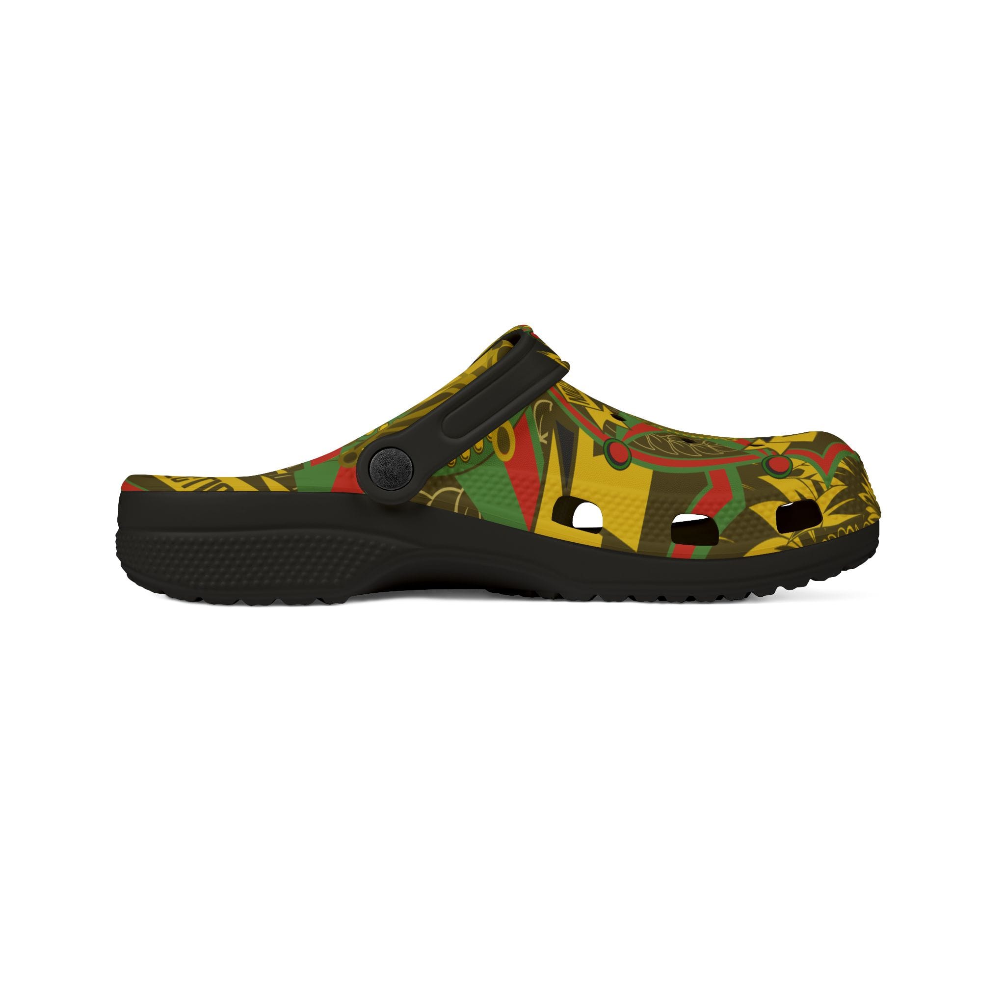 Rasta Guidance Protection Clogs in Rastafarian Colors right inside view. Great for holidays, festivals and parties. Rastaseed Rastafari, Jamaican and Reggae Merchandise.
