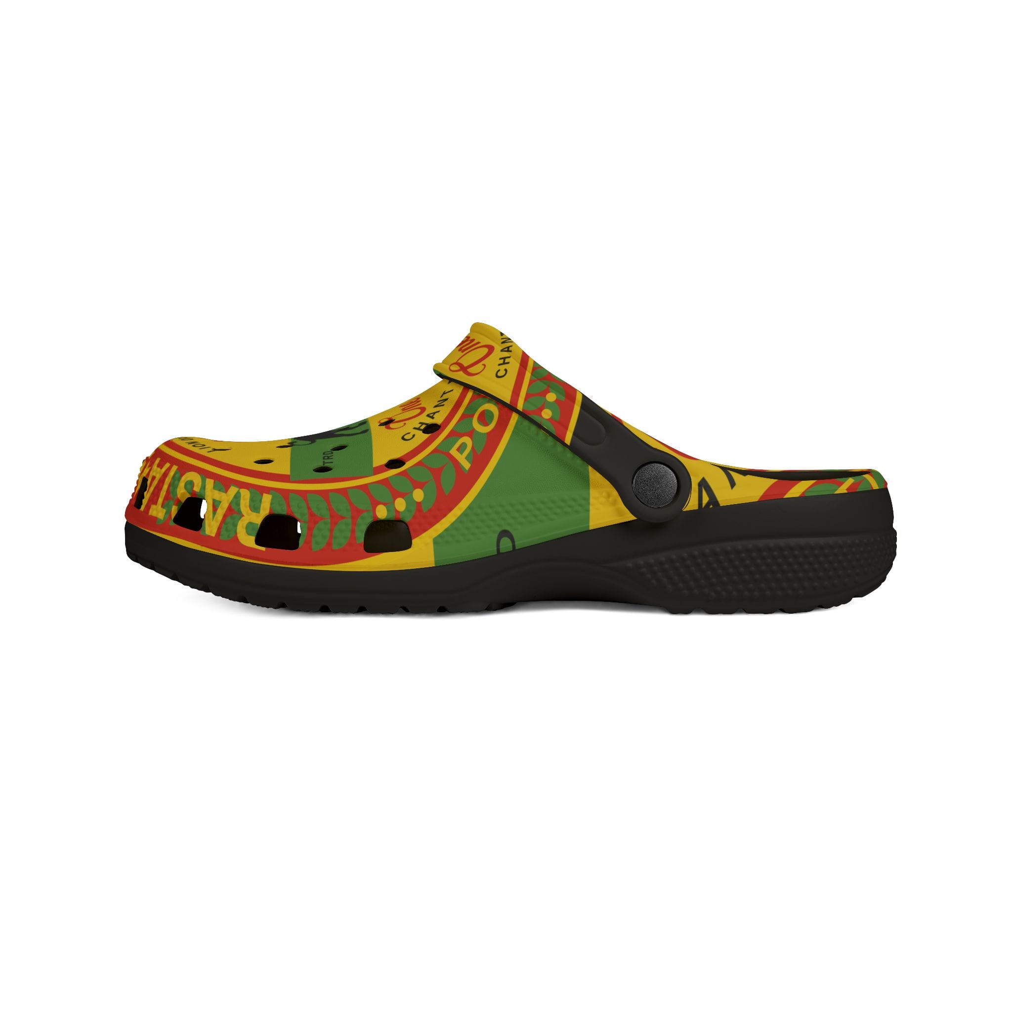 Rasta One Love Clogs with Rastafarian Lion of Judah and Chant down babylon design. Red Gold and Green with Black background. Left side view.