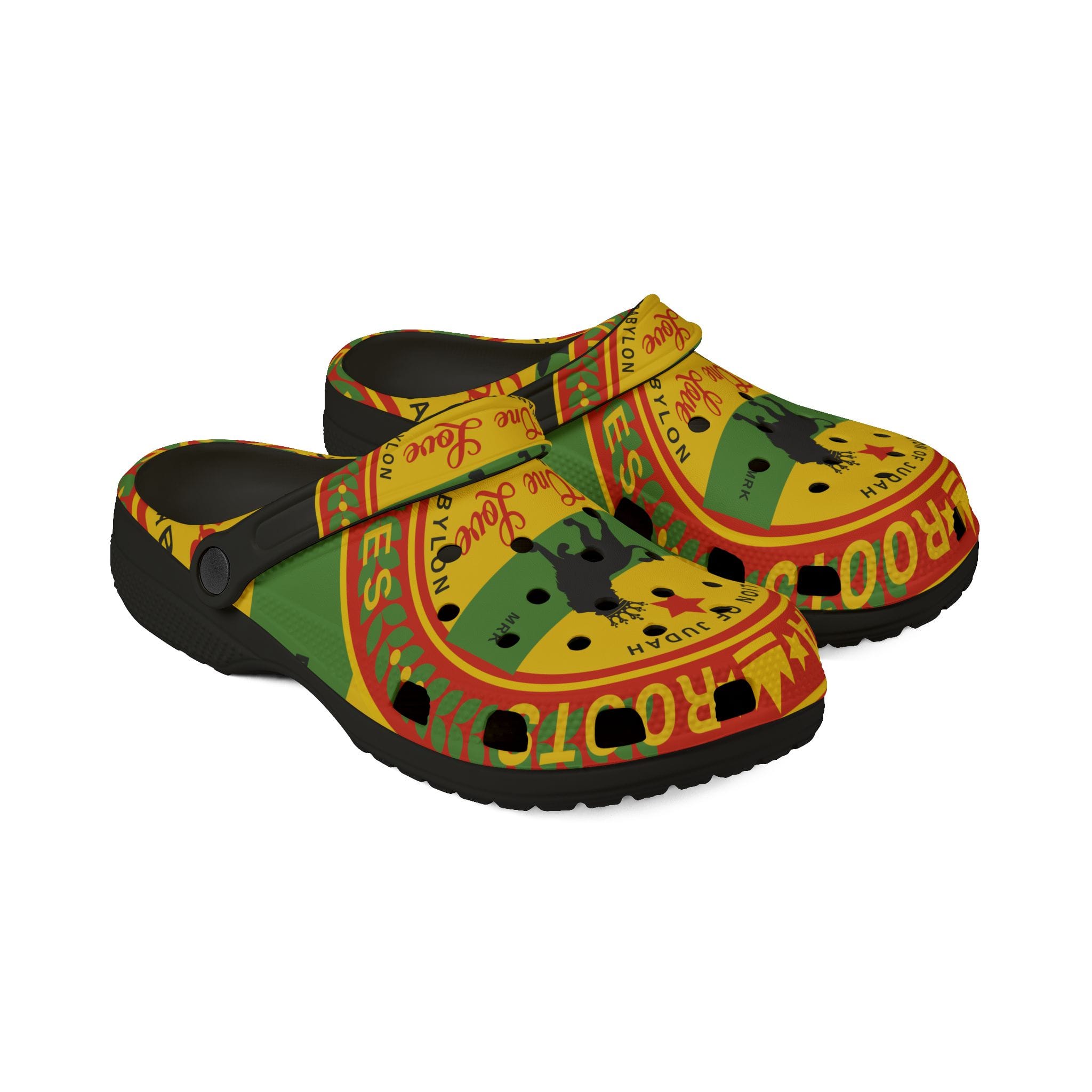 Rasta One Love Clogs with Rastafarian Lion of Judah and Chant down babylon design. front side view. Red Gold and Green with Black background.