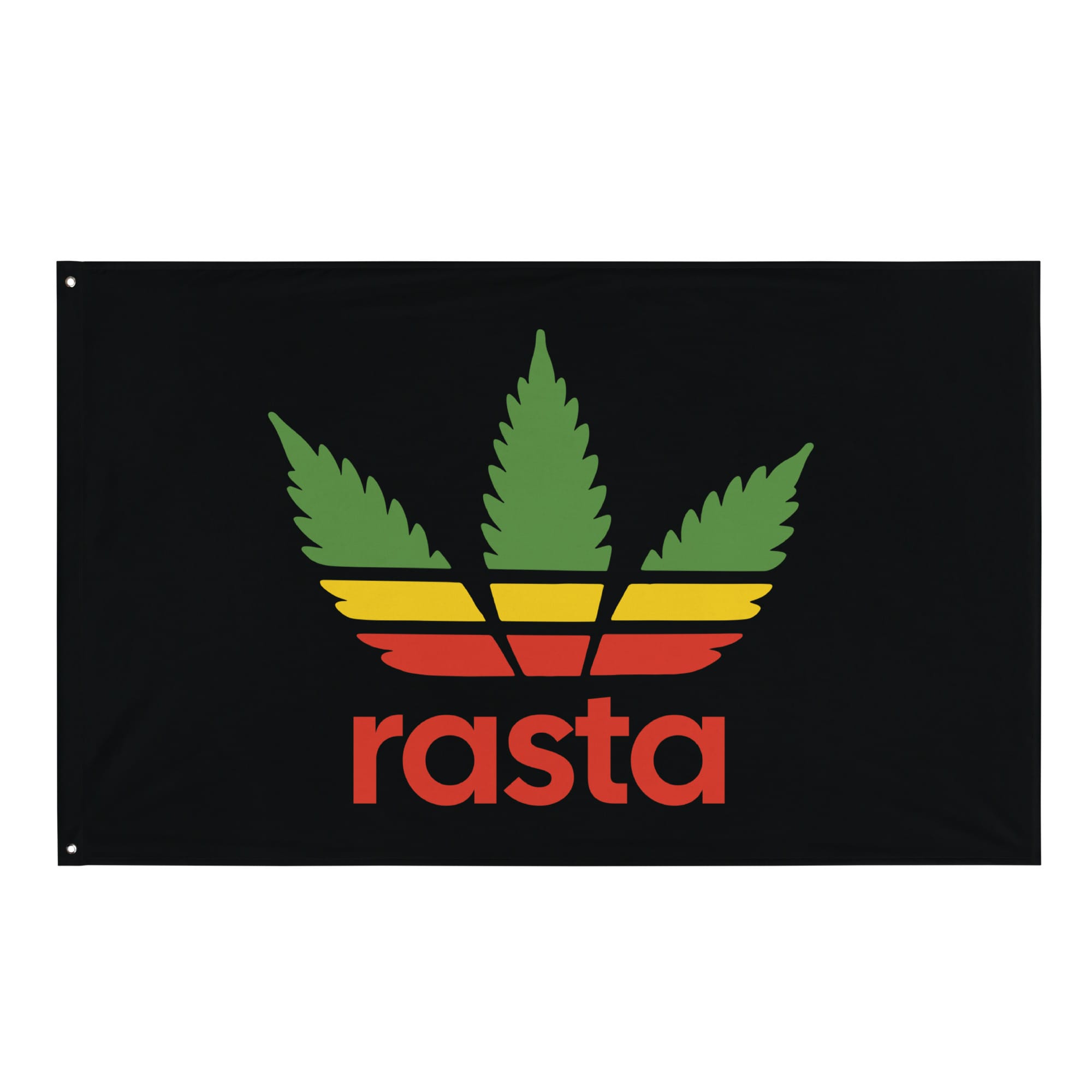 Rasta leaf flag with black background and stylised hemp leaf design in Rastafarian colors. Rastaseed merchandise and gear.