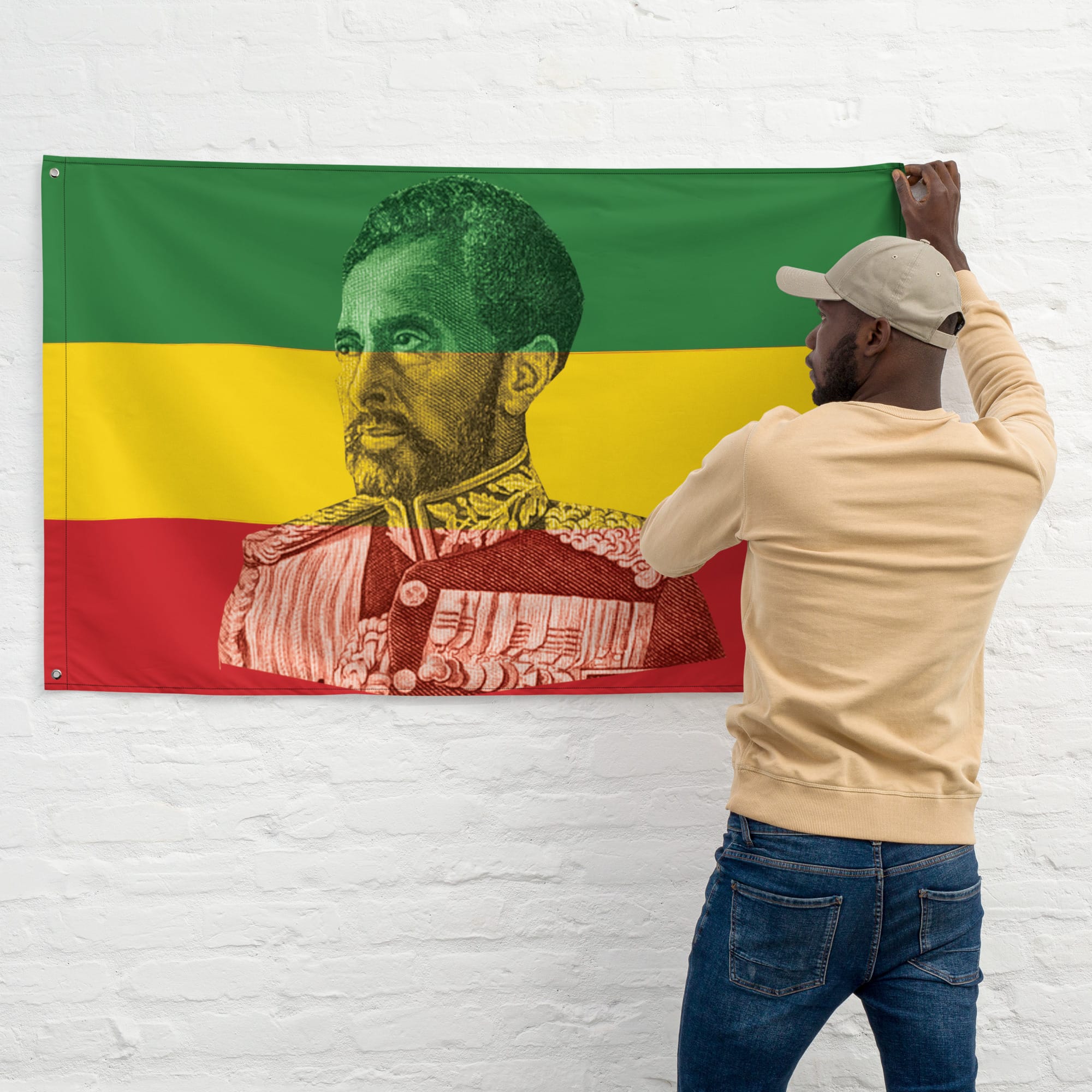 Haile Selassie Flag in the Rastafarian colors wall view. Rastaseed Jamaican African American and Haile Selassie merchandise clothing and gear.