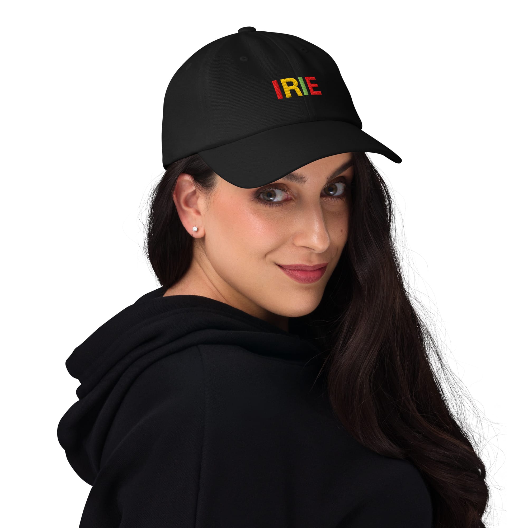 Irie Rasta Cap female view in black colors with red gold and green embroidered lettering. Rastaseed original accessories store.
