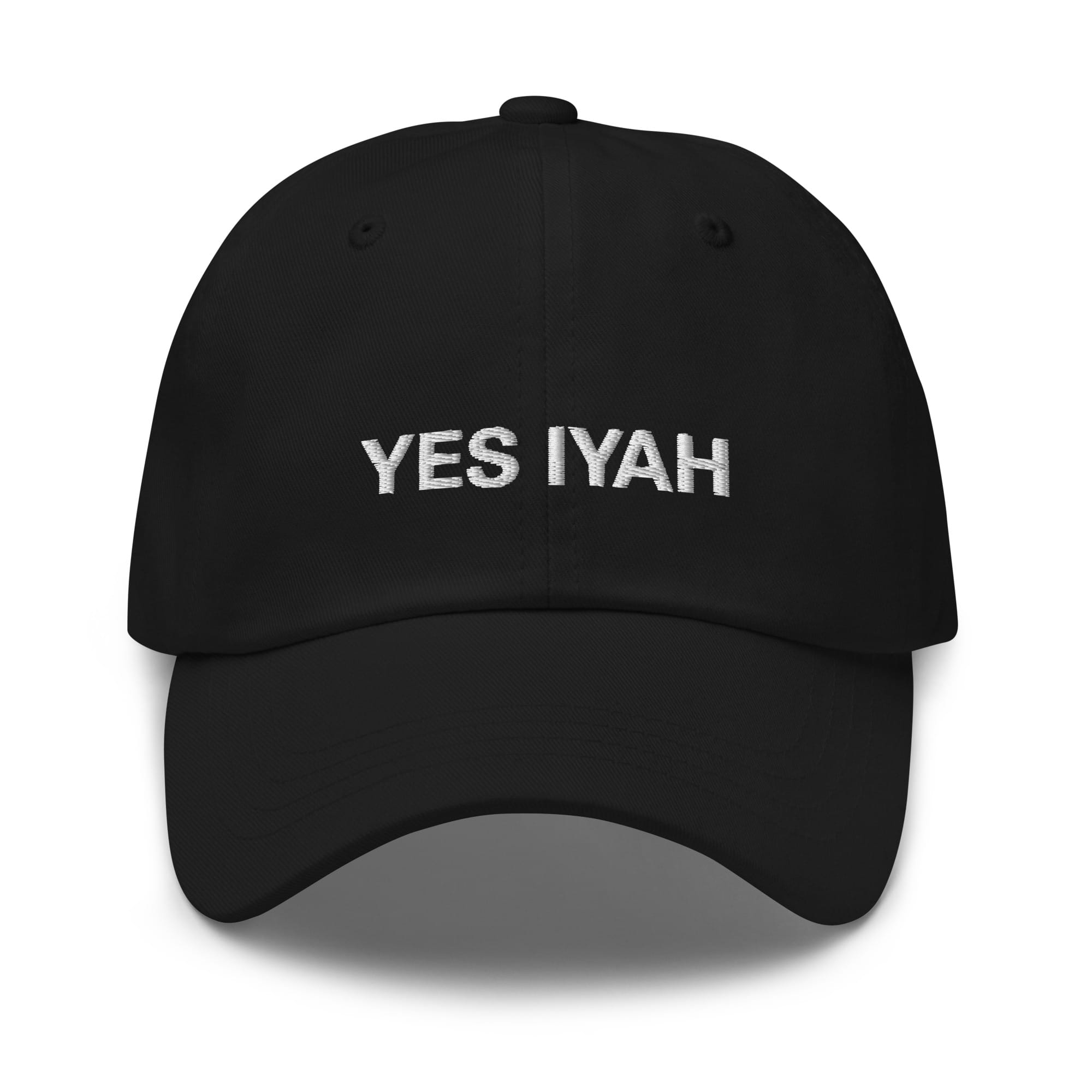 Yes Iyah Dad hat in khaki camo or black. Jamaican Patois originals at Rastaseed.com online Rasta Jamaican and Reggae shop. Front black view.
