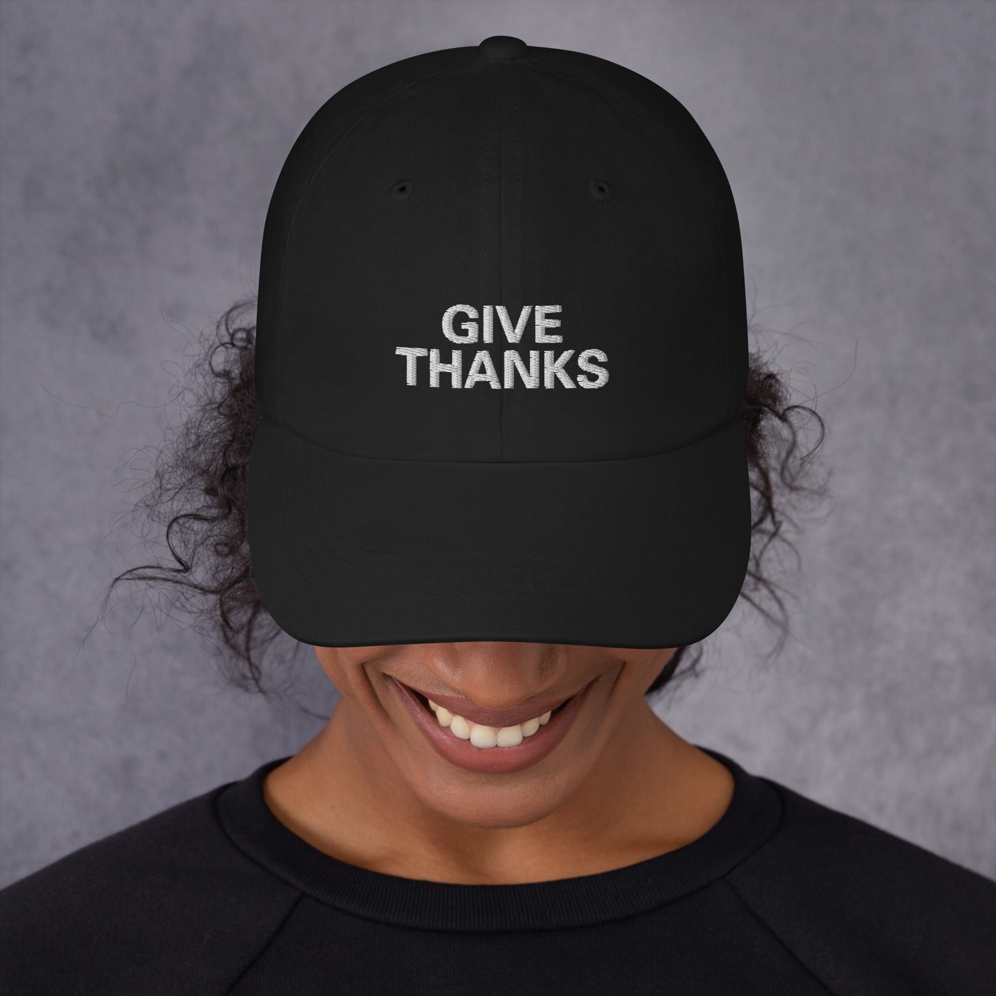 Give Thanks Rasta Cap front view camo available in khaki camoflage print and black colors. White embroidered lettering and dad hat style. Rastaseed original design. front model black view