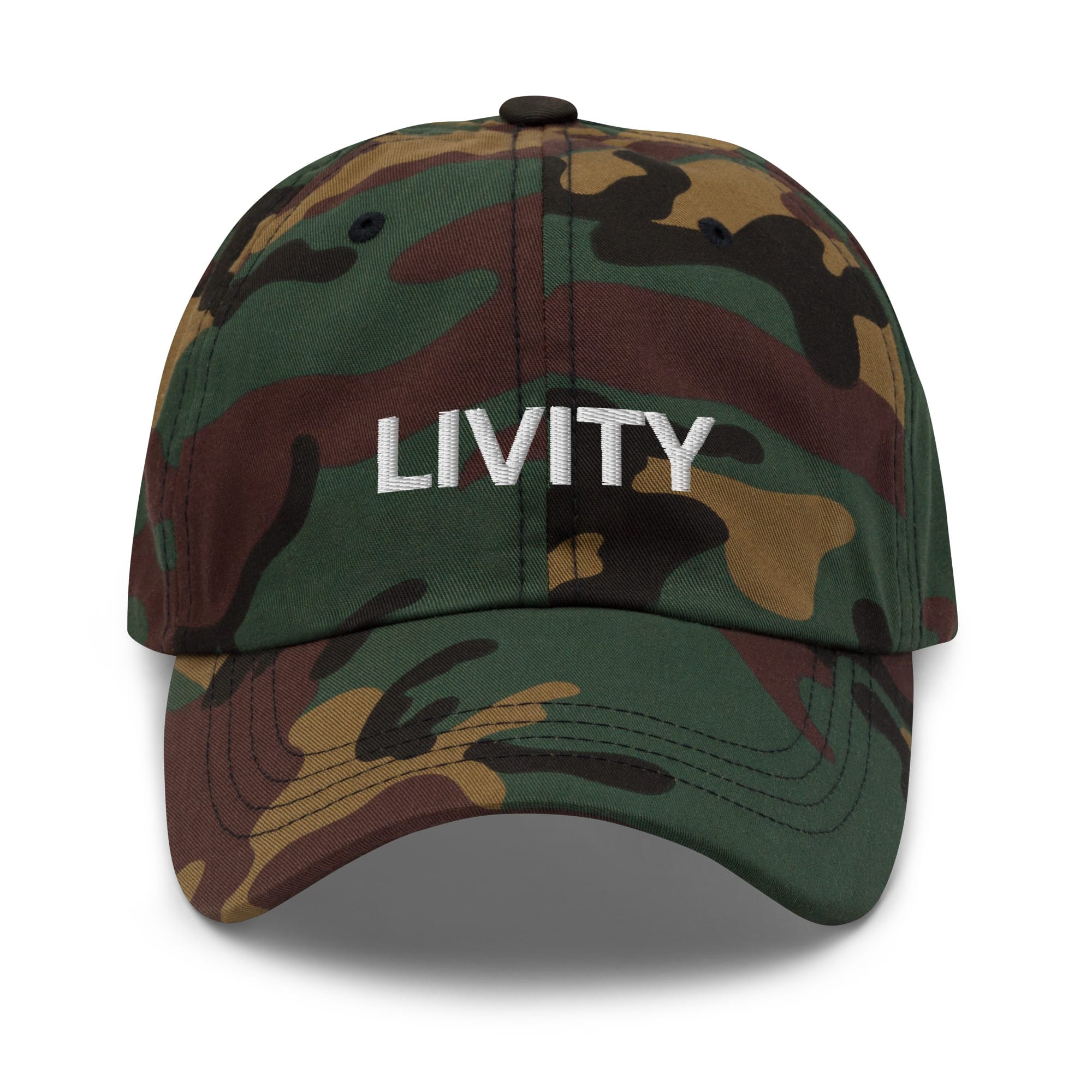 Livity Rasta Cap front view camo in khaki camouflage and black with embroidered lettering. Original Rasta merchandise and designs at Rastaseed clothing shop. Front camo view