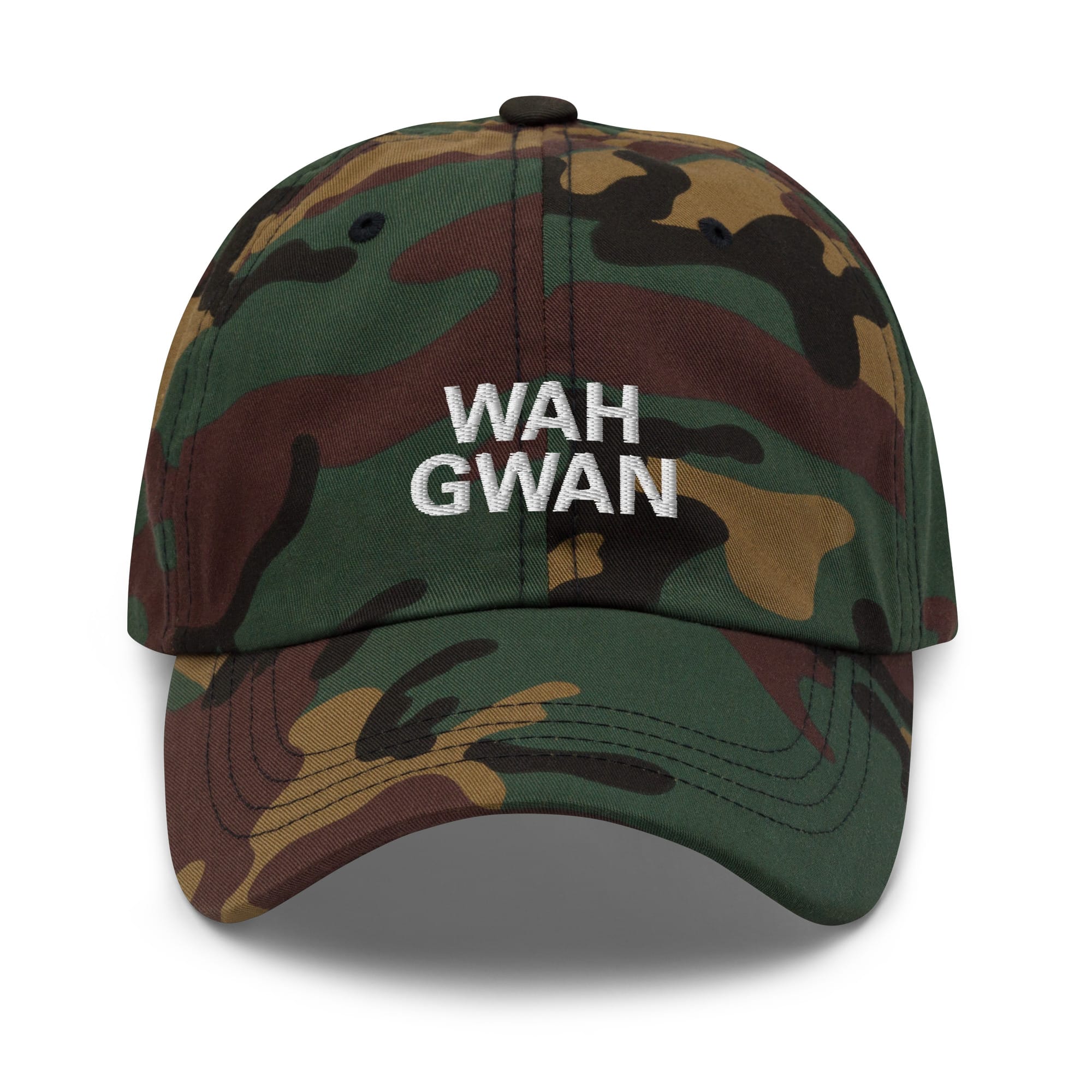 Wah Gwan Patois Cap front view camo in Dad hat style available in black and khaki camouflage print. Original Jamaican merchandise at Rastaseed clothing store. Front camo cap