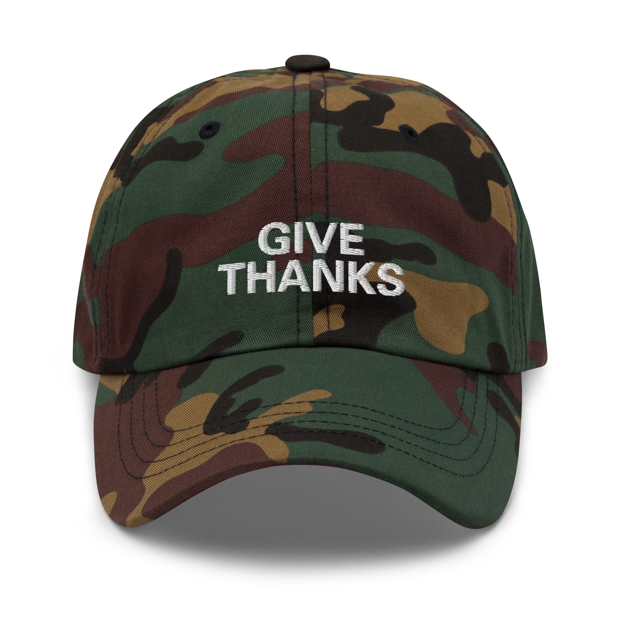 Give Thanks Rasta Cap front view camo available in khaki camoflage print and black colors. White embroidered lettering and dad hat style. Rastaseed original design. Front camo view.