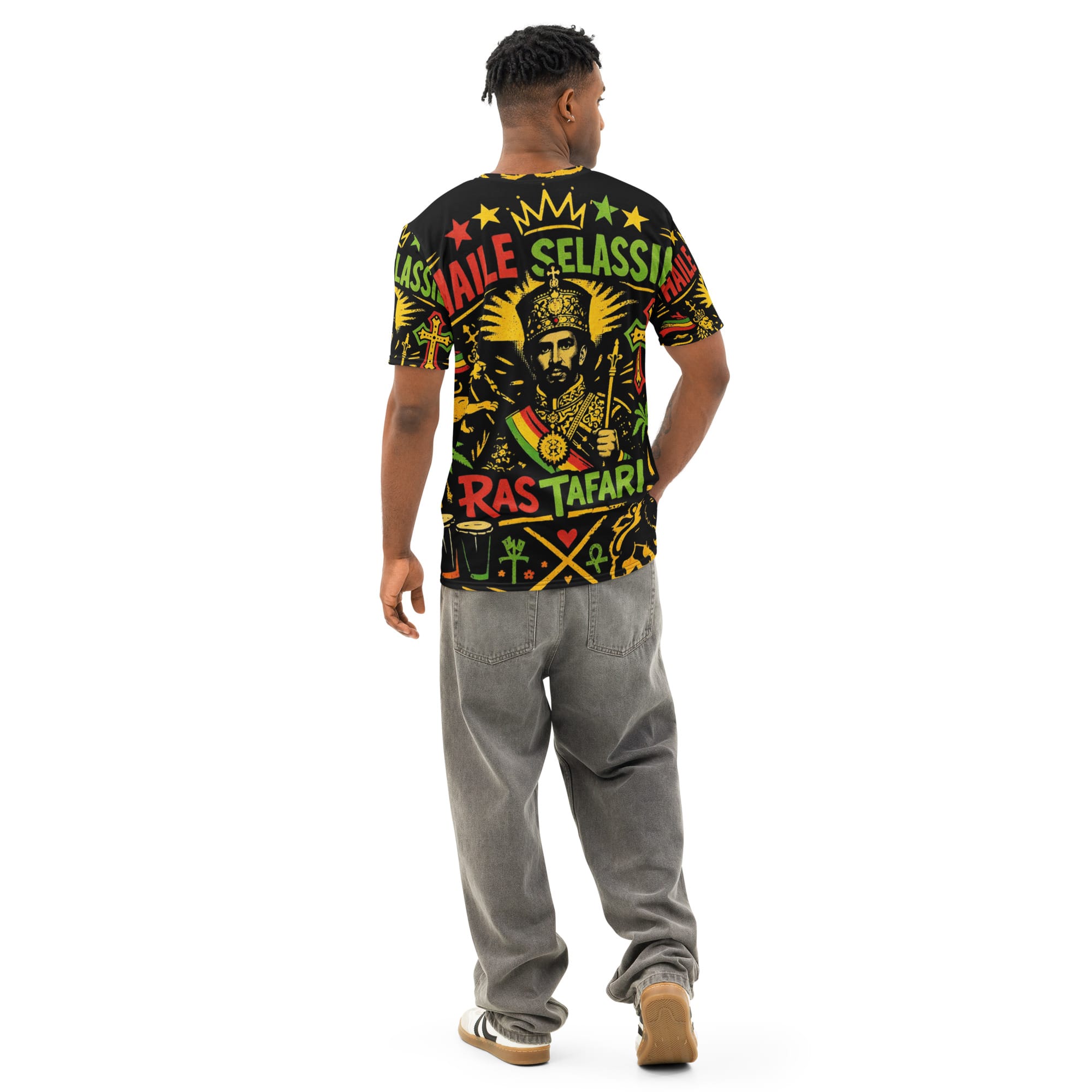 King of Kings Selassie men's cotton crew neck t-shirt at Rastaseed. Rastafarian Jamaican and Reggae merchandise and clothing. Back model view.