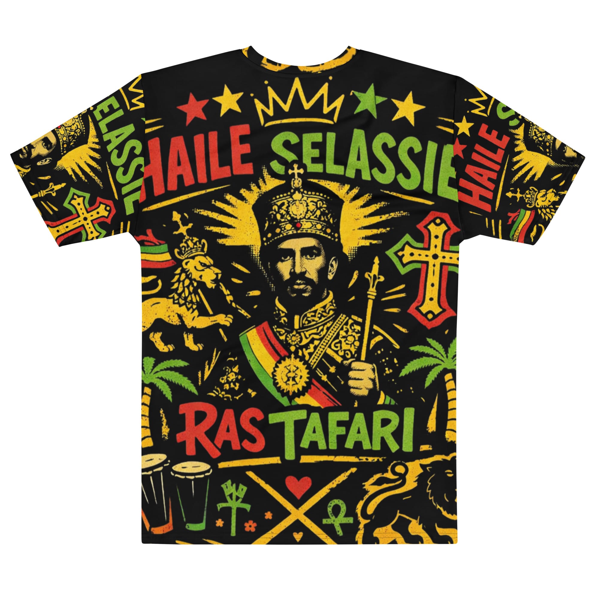 King of Kings Selassie men's cotton crew neck t-shirt at Rastaseed. Rastafarian Jamaican and Reggae merchandise and clothing. Back view.