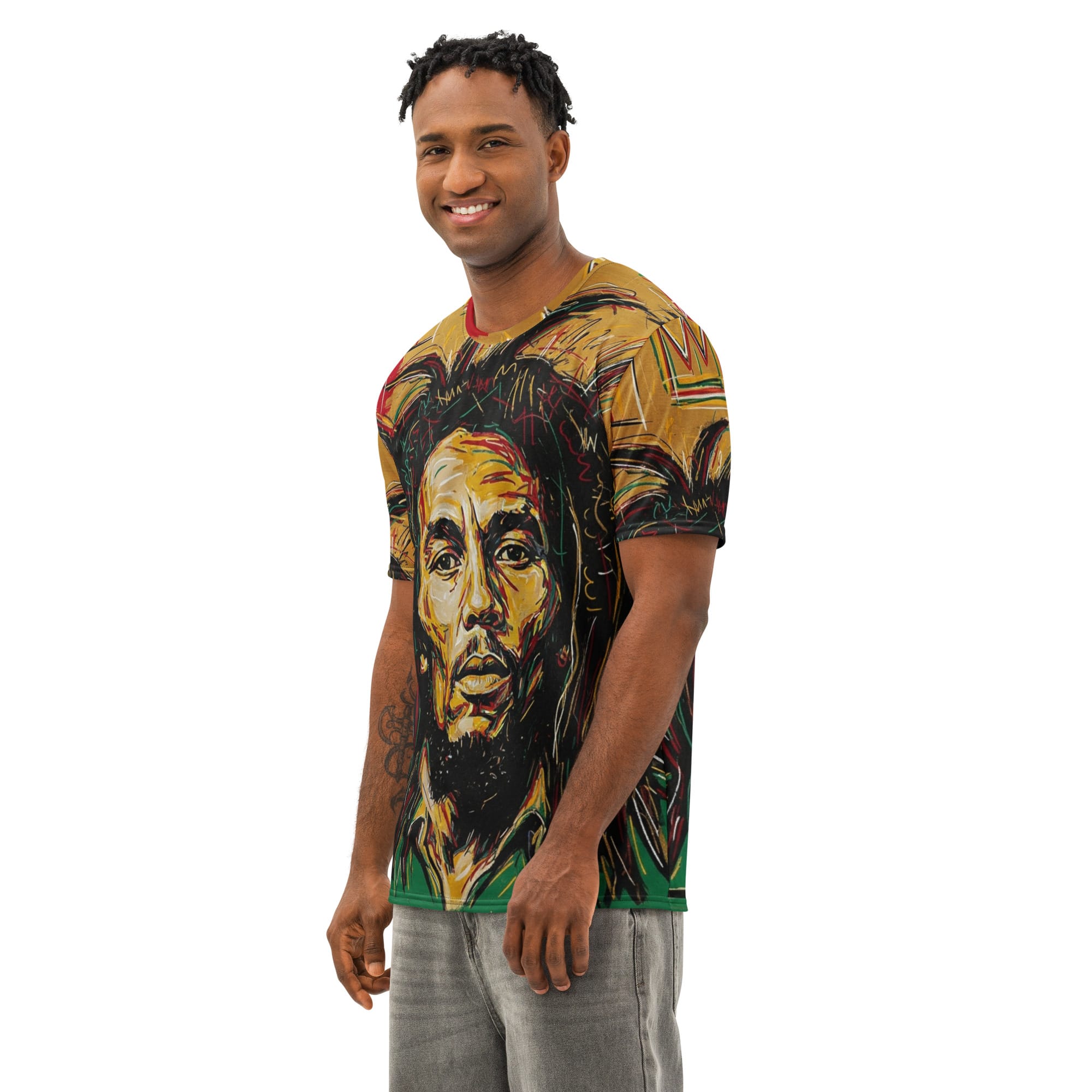 Rasta Legend cotton crew neck t-shirt in Rastafarian colors. Rastaseed Jamaican Reggae clothing, festival merchandise and accessories. front model view.