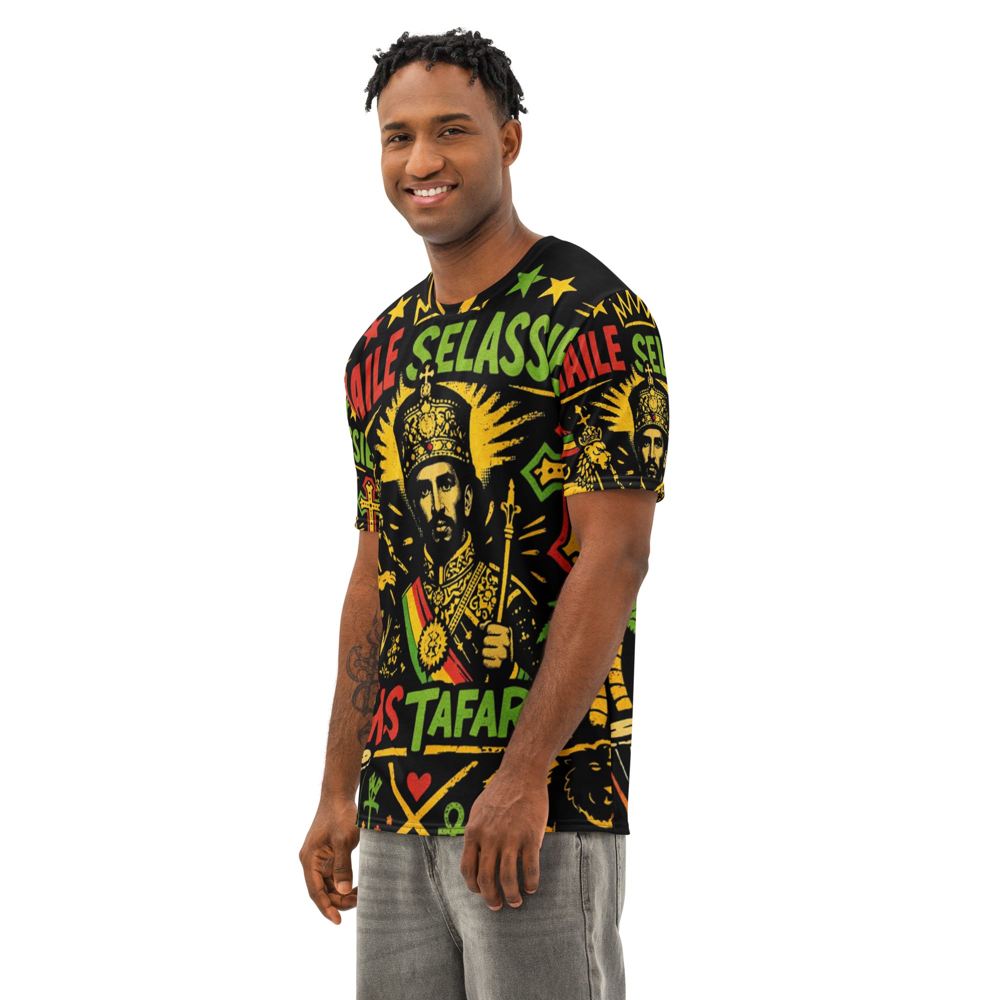 King of Kings Selassie men's cotton crew neck t-shirt at Rastaseed. Rastafarian Jamaican and Reggae merchandise and clothing. Front model view