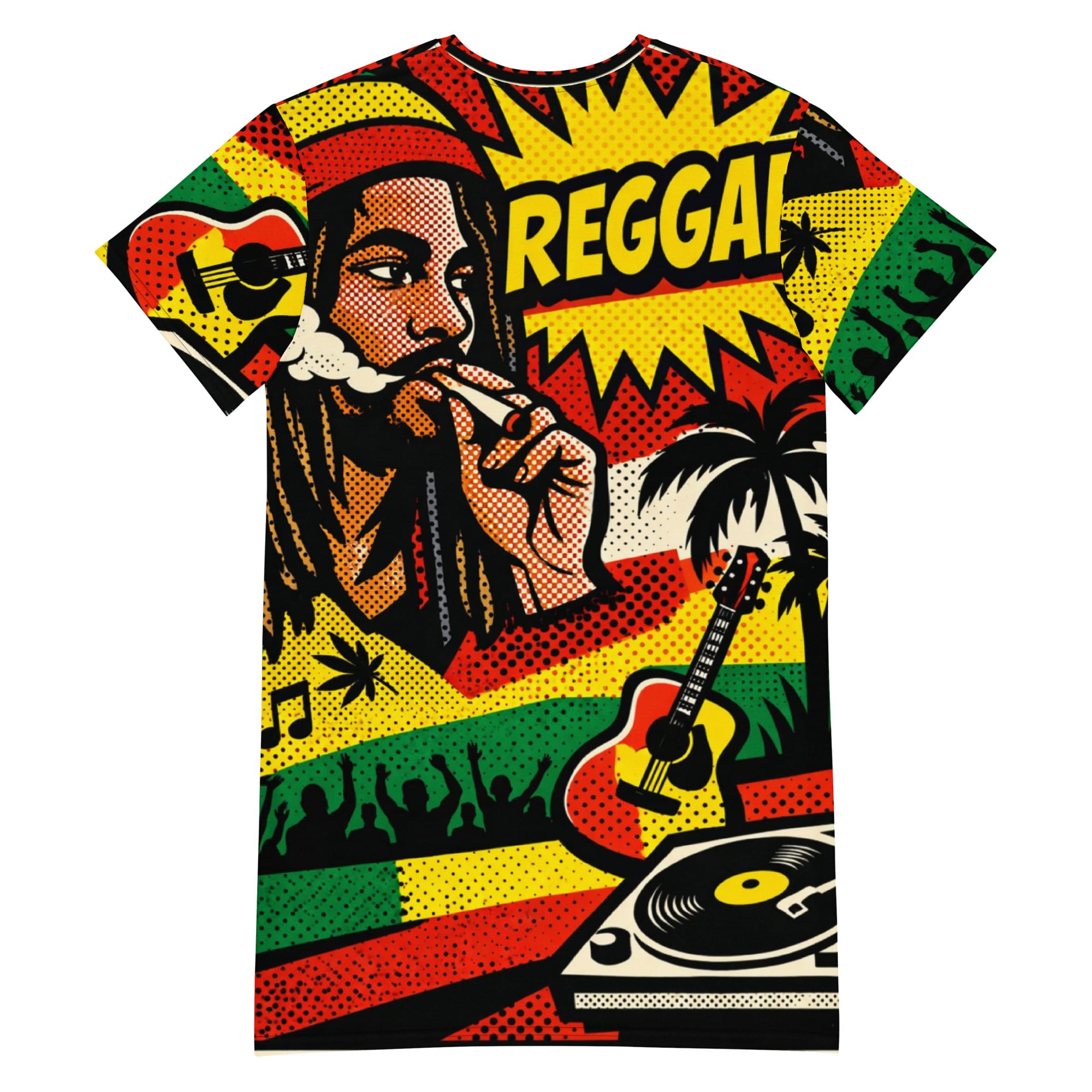 Reggae Stylee T-shirt dress in fht Rasta colors. Seventies Retro style. Rastaseed Rastafarian and Jamaican merchandise and clothing. Back view.