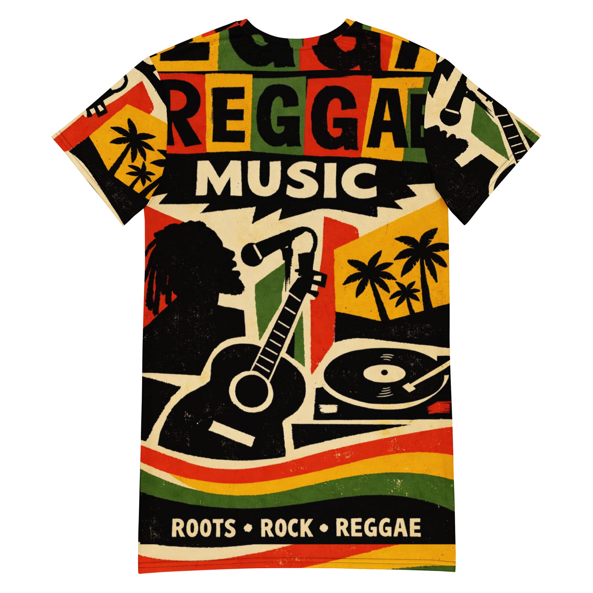 Reggae Music T-shirt dress in Reggae colors and symbols. Rastaseed Jamaican Reggae Rastafarian vacation gear and merchandise. Back view.