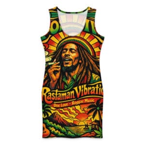 Rasta Positive Vibration Cotton bodycon dress in the Rasta reggae colors. Feel the vibes. Rastaseed Reggae Festival merchandise and gear.