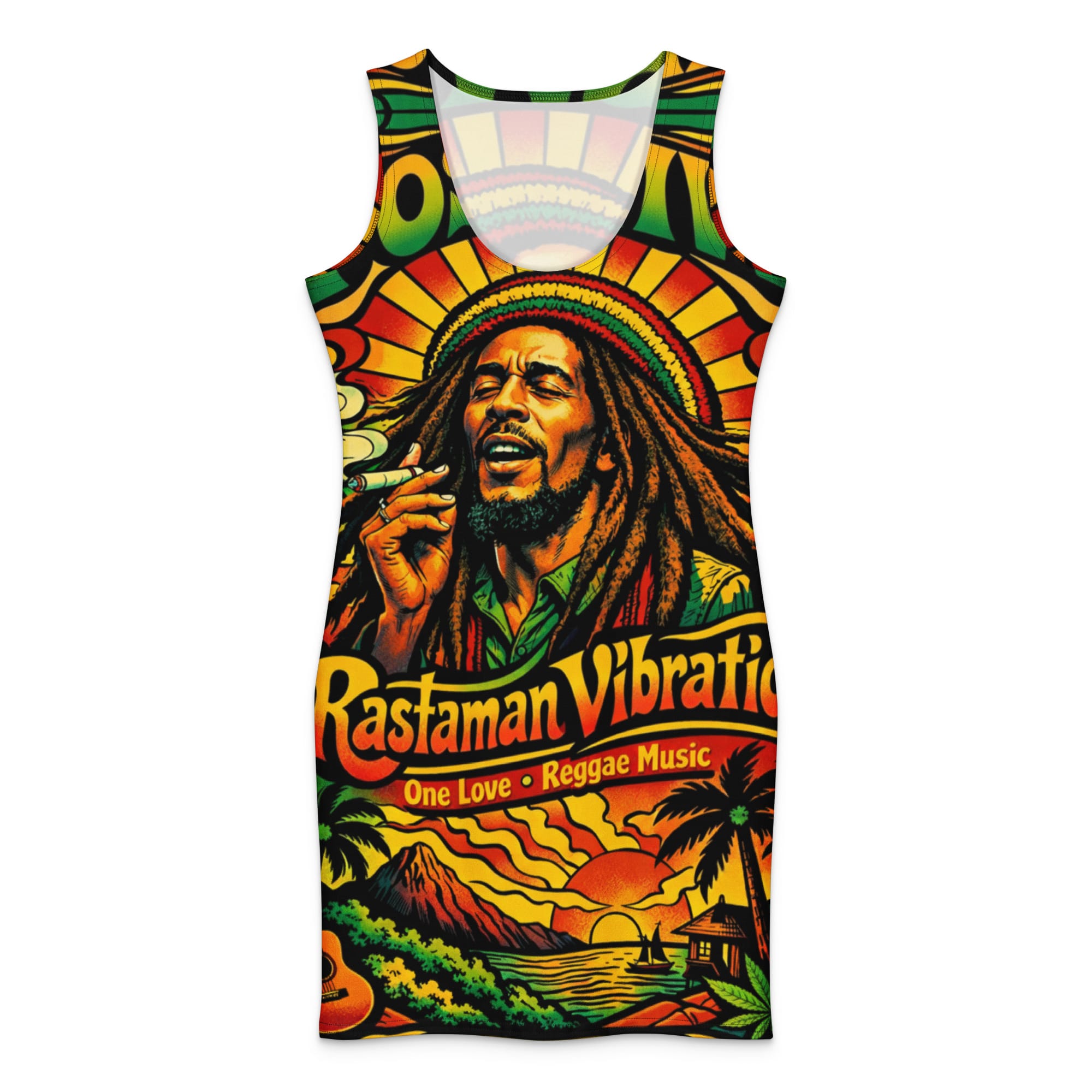 Rasta Positive Vibration Cotton bodycon dress in the Rasta reggae colors. Feel the vibes. Rastaseed Reggae Festival merchandise and gear.