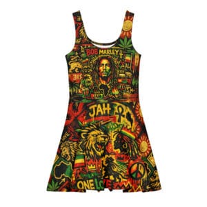 Rastafarian Reggae Cotton skater dress in Rasta colors. Rastaseed Jamaican and Reggae merchandise clothing and accessories.